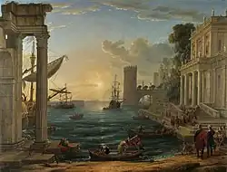 Pintura de historia, de tema vagamente religioso, en que predomina el paisaje -marina, celaje- y la arquitectura: Puerto con el embarque de la Reina de Saba (1648), de Claude Lorrain.]].