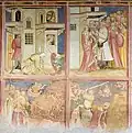 Vida de Santa Catalina de Alejandría, fresco del siglo XVI. La rueda que debía despedazarla se rompió, de modo que hubo que decapitarla.