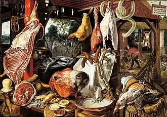 Pintura religiosa en que predomina el bodegón: Huida a Egipto (1551), de Pieter Aertsen.