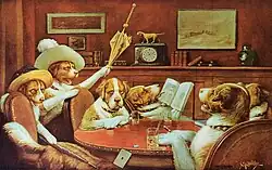 A painting of dogs sitting around a table.